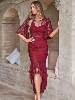 Women‘s Wedding Guest Dress Party Dress Sheath Dress Lace Midi Dress White Red Wine Dark Blue Half Sleeve Pure Color Pure Color Fall Spring Autumn Sweetheart Elegant Spring Dress 2022 S M L XL -Tesla Style zbldjm1626347519250