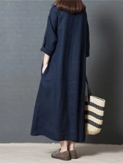 Women's Work Dress Semi Formal Dress Fashion Midi Dress Ruched Pocket Crew Neck 3/4 Length Sleeve Plain Loose Fit Dark Blue Fall Winter M L XL XXL -Tesla Style zcaktg1693300614999