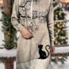 Women's Christmas Dress Hoodie Dress Mini Dress Warm Fashion Outdoor Christmas Holiday Hoodie Print Cat Loose Fit Pink Purple Khaki S M L XL XXL -Tesla Style zchsoz1697633933540