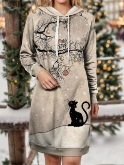 Women's Christmas Dress Hoodie Dress Mini Dress Warm Fashion Outdoor Christmas Holiday Hoodie Print Cat Loose Fit Pink Purple Khaki S M L XL XXL