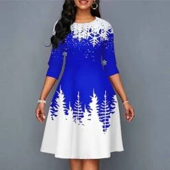 Women's Christmas Work Dress Swing DressKnee Length Dress Green Blue Purple Yellow Red Black 3/4 Length Sleeve Santa Claus Tree Snowflake Print Fall Winter Crew Neck Elegant Modern 2022 S -Tesla Style zcwqib1665293379613