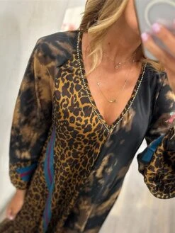 Women's Work Dress Casual Dress Swing Dress Fashion Winter Dress Daily Long Dress Maxi Dress Ruched Print V Neck Long Sleeve Leopard Loose Fit Brown Fall Winter S M L XL XXL -Tesla Style zdcuop1695635339066