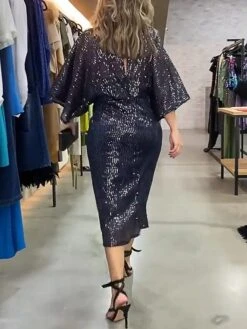 Women's Party Dress Sequin Dress Cocktail Dress Midi Dress Navy Blue Pure Color Sparkly Glitter Sequins Spring Fall Winter V Neck -Tesla Style zdddjq1692614152119