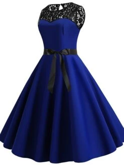 Women's Lace Dress Vintage Dress Swing Dress Black Dress Light Blue Wine Red Black Sleeveless Print Lace Up Summer Spring Fall Crew Neck Vintage -Tesla Style zdzxmu1623392154459