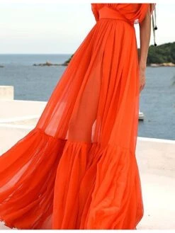 Women's Party Dress Casual Dress Wedding Guest Dress Long Dress Maxi Dress Orange Short Sleeve Pure Color Ruched Summer Spring Fall V Neck Fashion Party Birthday Vacation 2022 S M L XL -Tesla Style zexdwn1648033234240