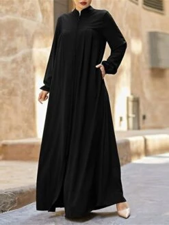 Women's Work Dress Swing Dress Black Dress Classic Long Dress Maxi Dress Zipper Pocket Stand Collar Long Sleeve Plain Loose Fit Black Brown Green Fall Winter S M L XL XXL -Tesla Style zextlr1693300602215
