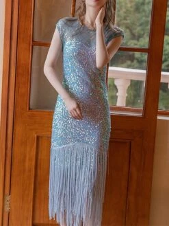 Women‘s Party Dress Fringe Dress Sequin Dress Black Dress Midi Dress White Champagne Short Sleeve Pure Color Sparkly Glitter Sequins Spring Fall Winter Crew Neck Fashion Wedding Guest Birthday -Tesla Style zeytsx1692178320815