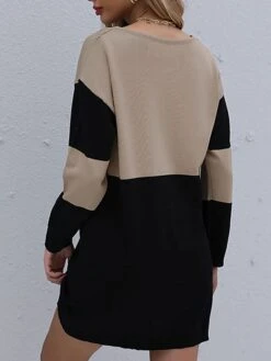 Women's Sweater Dress Jumper Dress Casual Dress Mini Dress Warm Color Block Outdoor Casual Daily Going Out Crew Neck Long Sleeve Patchwork 2023 Loose Fit Brown Khaki S M L -Tesla Style zfboqv1695106681428