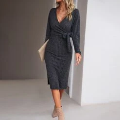 Women's Sweater Dress Winter Dress Jumper Dress Midi Dress Lace Up Daily Date Going Out Fashion Basic V Neck Long Sleeve 2023 Slim Green Dark Grey Beige Color S M L XL Size -Tesla Style zfgpos1697696857179