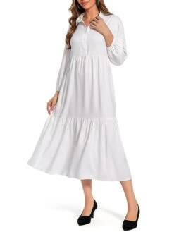 Women's Work Dress Satin Dress Swing Dress Fashion Midi Dress Ruffle Button Shirt Collar Long Sleeve Plain Loose Fit White Fall Winter S M L XL XXL -Tesla Style zflrlk1693466154286
