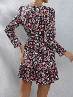 Women's Work Dress Sheath Dress Semi Formal Dress Fashion Mini Dress Lace Up Print Crew Neck Long Sleeve Floral Loose Fit Black Fuchsia Brown Fall S M L XL XXL -Tesla Style zfotyg1693300582455
