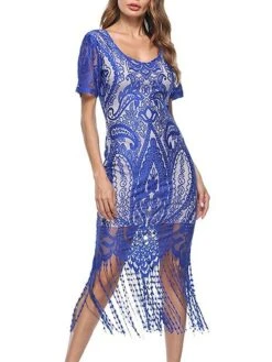 Women's Party Dress Fringe Dress Lace Dress Midi Dress Black Wine Blue Short Sleeve Floral Tassel Fringe Spring Fall Winter V Neck Fashion Birthday Wedding Guest Vacation 2023 S M L XL XXL -Tesla Style zgbafx1692859191127