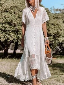 Women's Party Dress Swing Dress Midi Dress White Short Sleeve Pure Color Lace Summer Spring V Neck Elegant Outdoor Weekend 2023 S M L XL -Tesla Style zgcnpp1654497318321