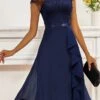 Women's Party Dress Lace Dress Cocktail Dress Midi Dress Dark Blue Short Sleeve Pure Color Lace Summer Spring Fall Crew Neck Fashion Wedding Guest Vacation Summer Dress S M L XL 2XL -Tesla Style zgokcy1686738393751