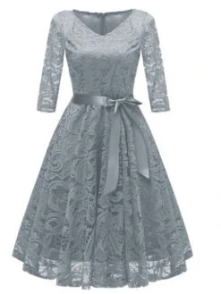 Women‘s Party Dress Homecoming Dress Lace Dress Knee Length Dress Pink Wine Navy Blue Long Sleeve Pure Color Bow Winter Fall Spring V Neck 1950s Party Birthday Wedding Guest 2022 S M L XL XXL -Tesla Style zhatqx1624871085767