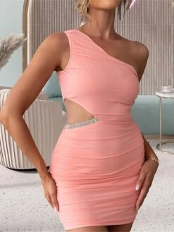 Women's Party Dress Homecoming Dress Cocktail Dress Mini Dress Black White Pink Sleeveless Pure Color Ruched Spring Fall Winter One Shoulder Fashion Wedding Guest Birthday Vacation Slim 2023 S M L -Tesla Style zhkmdp1693535342479