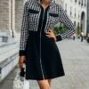 Women's A Line Formal Dress Plaid Formal Dress Tartan Formal Dress Mini Formal Dress Black Long Sleeve Houndstooth Zipper Winter Fall Autumn Shirt Collar Fashion Winter Formal Dress Weekend Fall -Tesla Style zhnyqt1663582873303