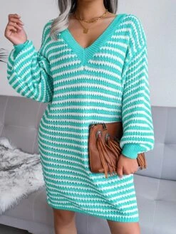 Women's Sweater Dress Jumper Dress Casual Dress Mini Dress Active Multicolor Outdoor Casual Daily Holiday V Neck Long Sleeve Patchwork 2023 Loose Fit Pink Blue Khaki S M L -Tesla Style zihbdq1692947777639