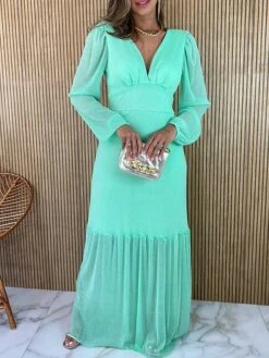 Women's Prom Dress Party Dress Sheath Dress Long Dress Maxi Dress Pink Green Dark Blue Long Sleeve Pure Color Ruched Fall Winter Autumn V Neck Fashion Evening Party Vacation 2023 S M L XL XXL 3XL 4XL -Tesla Style zijcpe1695112999620