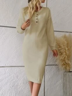 Women's Sweater Dress Winter Dress Jumper Dress Midi Dress Button Outdoor Work Street Fashion Modern Crew Neck Long Sleeve 2023 Loose Fit Black White Blue Color S M L XL Size -Tesla Style zipbmv1694602811247