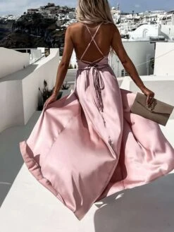 Women's Prom Dress Party Dress Satin Dress Pink Dress Long Dress Maxi Dress Fuchsia Khaki Sleeveless Pure Color Backless Summer Spring Fall Spaghetti Strap Fashion Birthday Evening Wedding Guest 2023 -Tesla Style zippcn1663237139263