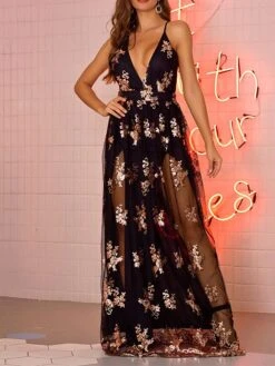 Women‘s Party Dress Sequin Dress Wedding Guest Dress Long Dress Maxi Dress Black Gold Green Sleeveless Flower Sequins Sparkly Glitter Spring Fall Winter Spaghetti Strap Fashion Winter Dress -Tesla Style zjbiql1692787537903