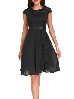 Women's Party Dress Lace Dress Cocktail Dress Midi Dress Black Pink Wine Short Sleeve Pure Color Lace Spring Fall Winter Crew Neck Fashion Winter Dress Wedding Guest Vacation 2023 S M L XL XXL -Tesla Style zjbmiu1692179776513