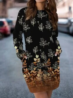 Women's Casual Dress Sweatshirt Dress Mini Dress Warm Fashion Outdoor Vacation Going Out Crew Neck Pocket Print Floral Loose Fit Blue Orange Green S M L XL XXL