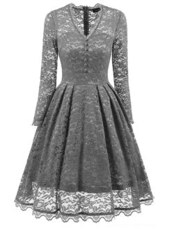 Women's Party Dress Lace Dress Homecoming Dress Knee Length Dress Green Gray Long Sleeve Pure Color Lace Spring Fall Winter V Neck Vintage Party Winter Dress Birthday 2023 S M L XL XXL -Tesla Style zjlyth1657534858685