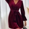 Women's Party Dress Velvet Dress Homecoming Dress Mini Dress Wine Long Sleeve Pure Color Ruched Spring Fall Winter V Neck Fashion Winter Dress Wedding Guest Evening Party Loose Fit 2023 S M L XL -Tesla Style zjoaem1692601278165