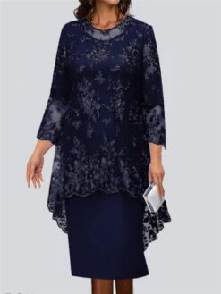 Women's Work Dress Lace Dress Semi Formal Dress Fashion Midi Dress Lace Patchwork Crew Neck 3/4 Length Sleeve Plain Loose Fit Champagne Wine Navy Blue Spring Fall S M L XL XXL -Tesla Style zjvdls1691042278328