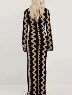 Women's Sweater Dress Winter Dress Jumper Dress Long Dress Maxi Dress Active Stripe Print Outdoor Street Daily Vacation Crew Neck Long Sleeve Print 2023 Slim Black Khaki S M L XL -Tesla Style zkixpu1695111723430