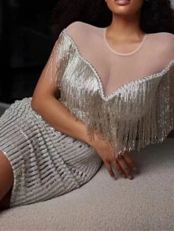 Women's Party Dress Fringe Dress Homecoming Dress Mini Dress Silver Short Sleeve Pure Color Tassel Fringe Spring Fall Winter Crew Neck Fashion Wedding Guest Birthday Vacation Slim 2023 S M L XL -Tesla Style zklelg1693983148336