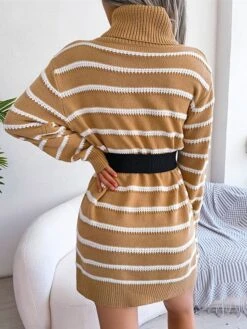 Women's Sweater Dress Jumper Dress Casual Dress Mini Dress Fashion Stripe Outdoor Daily Going Out Turtleneck Long Sleeve 2023 Loose Fit Black Khaki S M L -Tesla Style zlflxc1694756405551