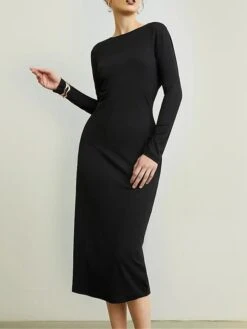 Women's Sweater Dress Winter Dress Jumper Dress Midi Dress Split Ribbed Outdoor Street Daily Fashion Streetwear Crew Neck Long Sleeve 2023 Regular Fit Black Color S M L XL XXL Size -Tesla Style zljahi1694591765296