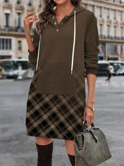 Women's Casual Dress Hoodie Dress Winter Dress Plaid Button Print Hooded Mini Dress Fashion Streetwear Outdoor Daily Long Sleeve Regular Fit Brown Fall Winter S M L XL XXL