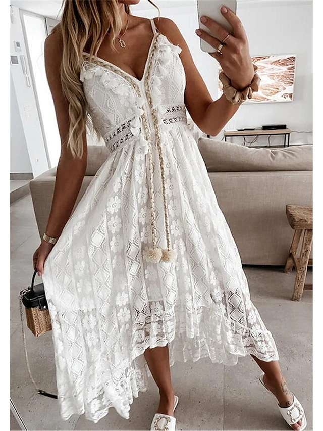 Women's Party Dress Casual Dress Holiday Dress Long Dress Maxi Dress White Beige Sleeveless Print Lace Summer Spring V Neck Basic Vacation 2023 S M L XL XXL 4 Women's Party Dress Casual Dress Holiday Dress Long Dress Maxi Dress White Beige Sleeveless Print Lace Summer Spring V Neck Basic Vacation 2023 S M L XL XXL - Image 2