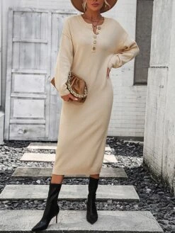 Women's Sweater Dress Jumper Dress Casual Dress Midi Dress Active Plain Outdoor Casual Holiday Vacation Crew Neck Long Sleeve Button 2023 Loose Fit Black White Purple S M L XL -Tesla Style zlqlkc1697595535813