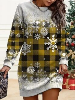 Women's Christmas Casual Dress Sweatshirt Dress Mini Dress Warm Fashion OutdoorVacation Crew Neck Print Geometric Snowflake Loose Fit Burgundy Brown Green S M L XL XXL -Tesla Style zlszyq1695621066307