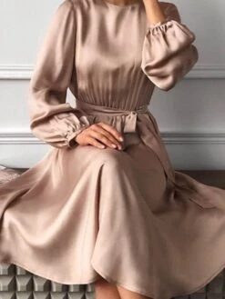 Women‘s Satin Dress Swing Dress Midi Dress Green Khaki Red Long Sleeve Pure Color Lace Up Summer Spring Fall Crew Neck Party Elegant Party Lantern Sleeve 2023 S M L XL XXL / Summer Dress -Tesla Style zlyetv1636080496410