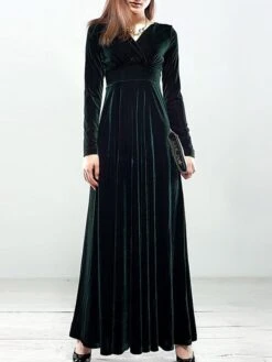 Women‘s Party Dress Wedding Guest Dress Velvet Dress Long Dress Maxi Dress Black Wine Royal Blue Long Sleeve Pure Color Ruched Fall Spring V Neck Fashion Party Winter Dress Evening Party 2023 S M L XL -Tesla Style zmkmdk1664516294417