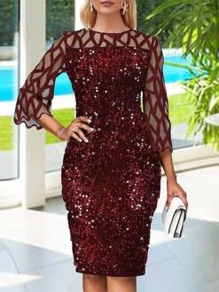Women‘s Party Dress Sequin Dress Cocktail Dress Midi Dress Black Wine Dark Green 3/4 Length Sleeve Pure Color Sparkly Glitter Sequins Spring Fall Winter Crew Neck Fashion Wedding Guest Birthday -Tesla Style zmnjyz1691659615765