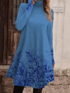 Women's Work Dress Casual Dress Fashion Winter Dress Daily Mini Dress Print Turtleneck Long Sleeve Floral Regular Fit Pink Navy Blue Blue Fall Winter S M L XL XXL -Tesla Style zniqmb1694156912977