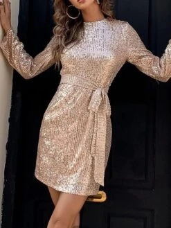 Women‘s Party Dress Sequin Dress Homecoming Dress Mini Dress Gold Long Sleeve Pure Color Sparkly Glitter Lace Up Spring Fall Winter Crew Neck Fashion Winter Dress Wedding Guest Evening Party -Tesla Style zntxhp1692601197007