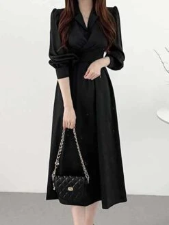 Women's Work Dress Semi Formal Dress A Line Dress Fashion Office Daily Workfashion Midi Dress Ruched Button Shirt Collar Long Sleeve Plain Loose Fit Black Army Green Gray Fall Winter S M L XL -Tesla Style znufql1695805366390