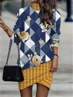 Women's Casual Dress Sweatshirt Dress Winter Dress Floral Plaid Ruched Print Turtleneck Mini Dress Fashion Streetwear Outdoor Daily Long Sleeve Loose Fit Yellow Red Green Fall Winter S M L XL XXL -Tesla Style zofrdd1694594394091