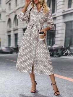 Women's Work Dress Casual Dress Swing Dress Fashion Office Daily Workfashion Midi Dress Lace Up Button Shirt Collar Long Sleeve Print Loose Fit Apricot Fall Winter S M L XL -Tesla Style zohzfl1695096213310