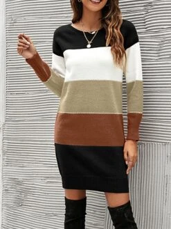 Women's Sweater Dress Winter Dress Jumper Dress Mini Dress Fashion Color Block Stripe Daily Date Going Out Weekend Crew Neck Long Sleeve Patchwork Ribbed 2023 Loose Fit Black Blue Green S M L XL -Tesla Style zoybme1694595940785