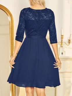 Women's Party Dress Lace Dress Cocktail Dress Long Dress Maxi Dress Black Wine Dark Blue 3/4 Length Sleeve Pure Color Ruched Summer Spring Fall V Neck Fashion Vacation Spring Dress 2023 S M L XL 2XL -Tesla Style zpiidf1682059491223