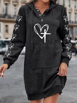 Women's Casual Dress Hoodie Dress Winter Dress Heart Button Print Hooded Mini Dress Fashion Streetwear Outdoor Daily Long Sleeve Regular Fit Black Fall Winter S M L XL XXL